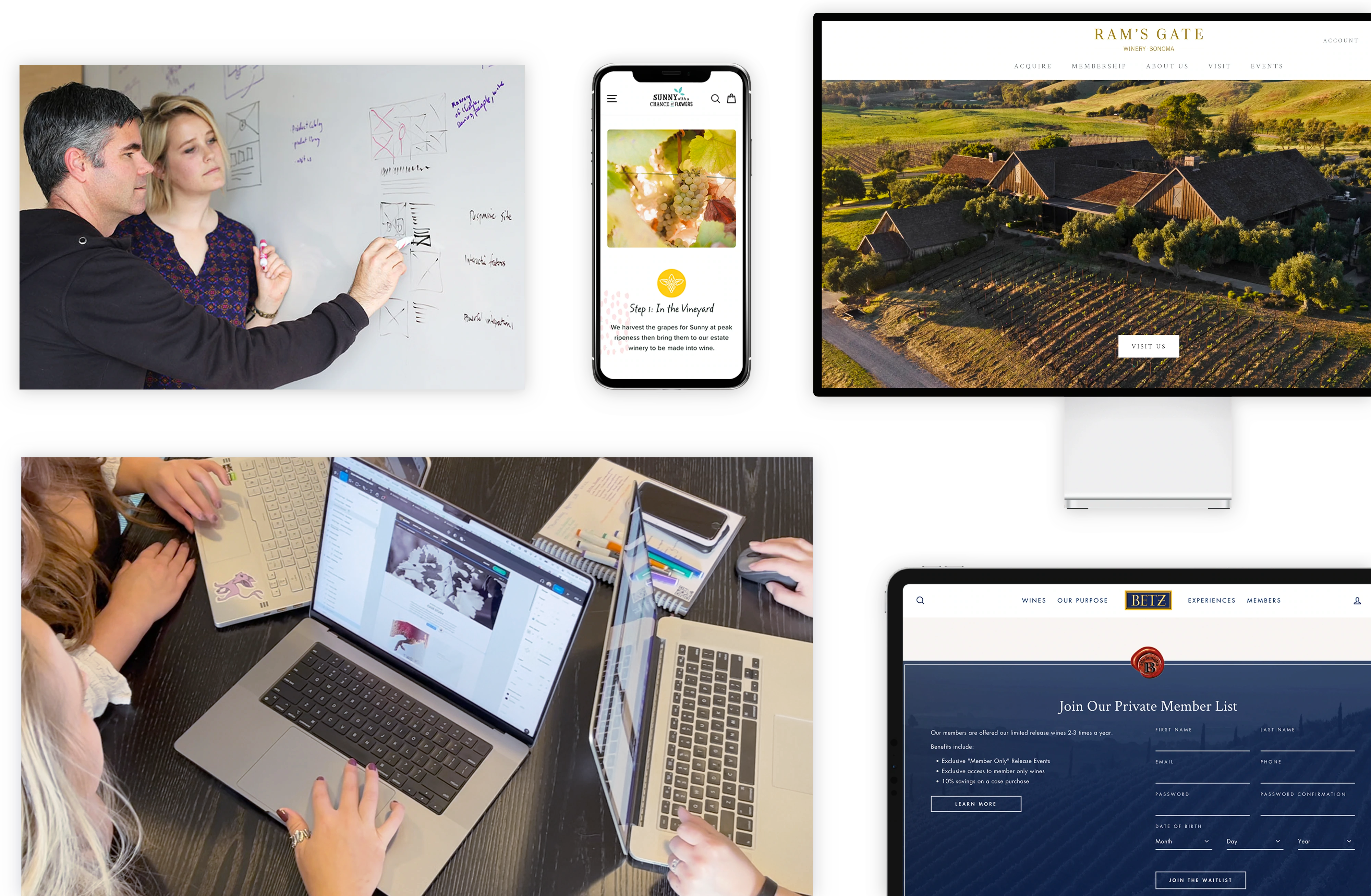 Masonry of Bloom team members collaborating and devices displaying Bloom's design work for Ram's Gate Winery, Betz Family Winery, and Sunny with a Chance of Flowers