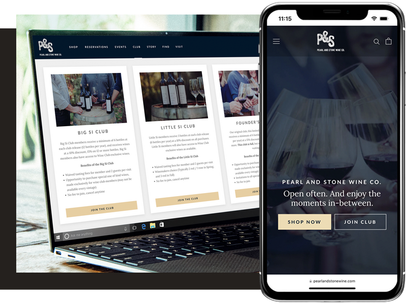 Laptop and phone displaying Bloom's design work for Pearl & Stone Winery